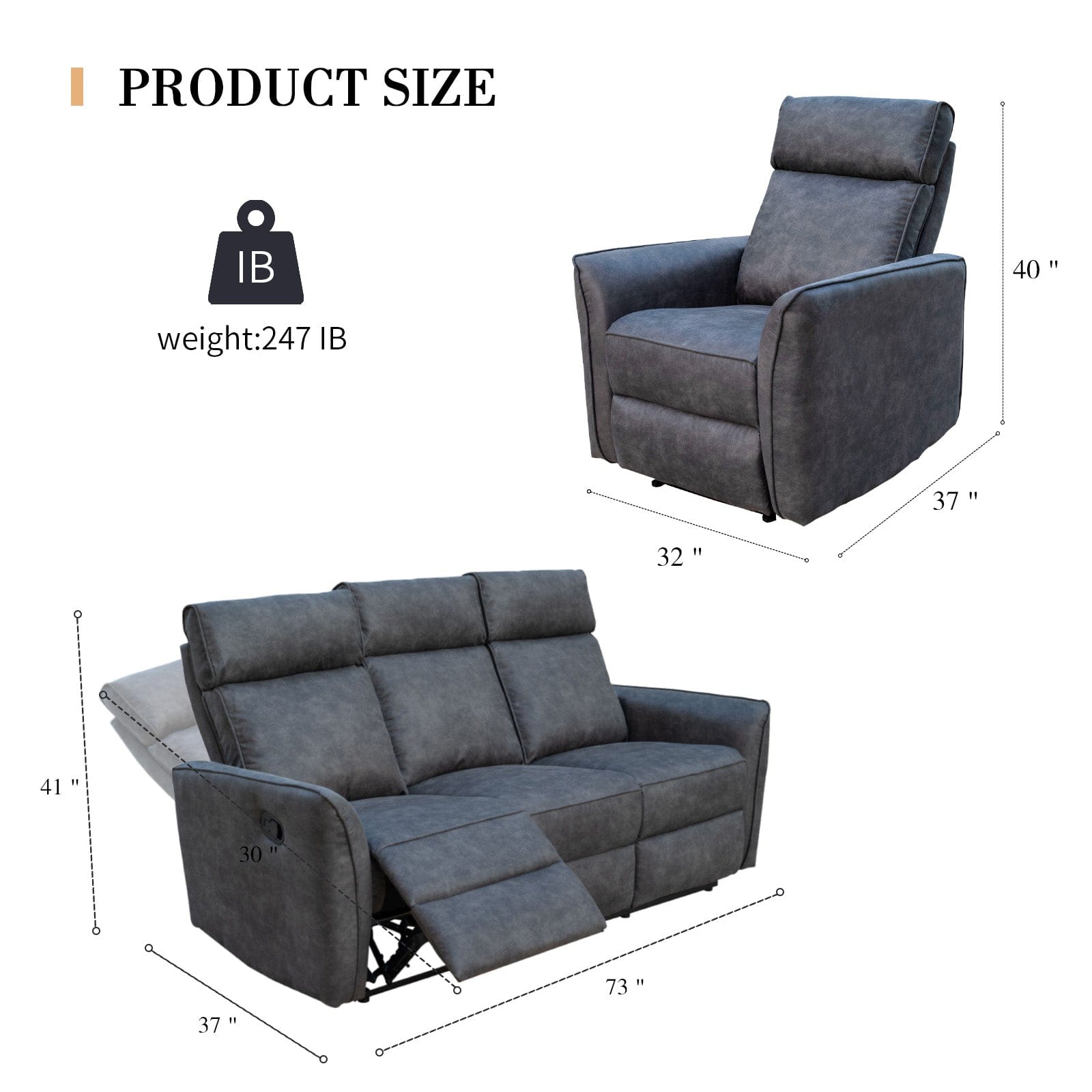 Leathaire Grey Manual Recliner Sofa / Armchair Set