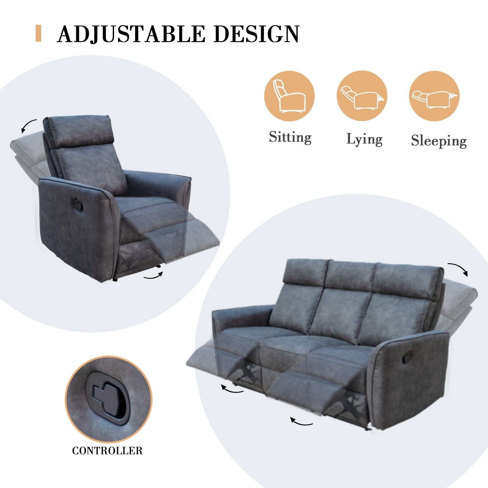 Leathaire Grey Manual Recliner Sofa / Armchair Set