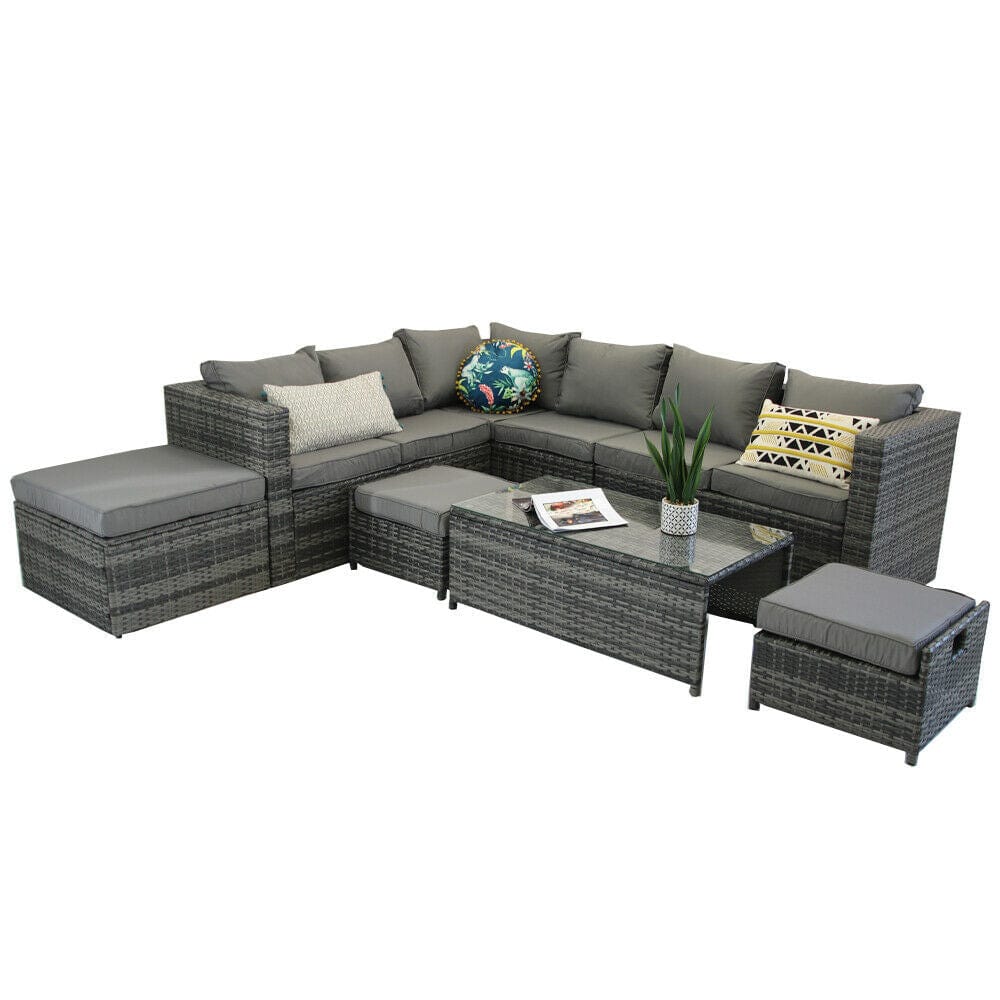 Vancouver 9 Seater Corner Rattan Garden Set In Grey with fire pit option