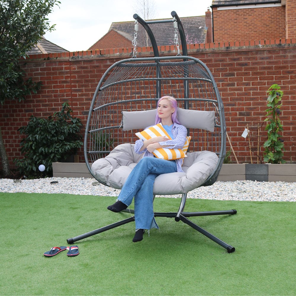 Bradway Hanging Rope Swing Double Indoor Outdoor Egg Chair with Grey Cushions