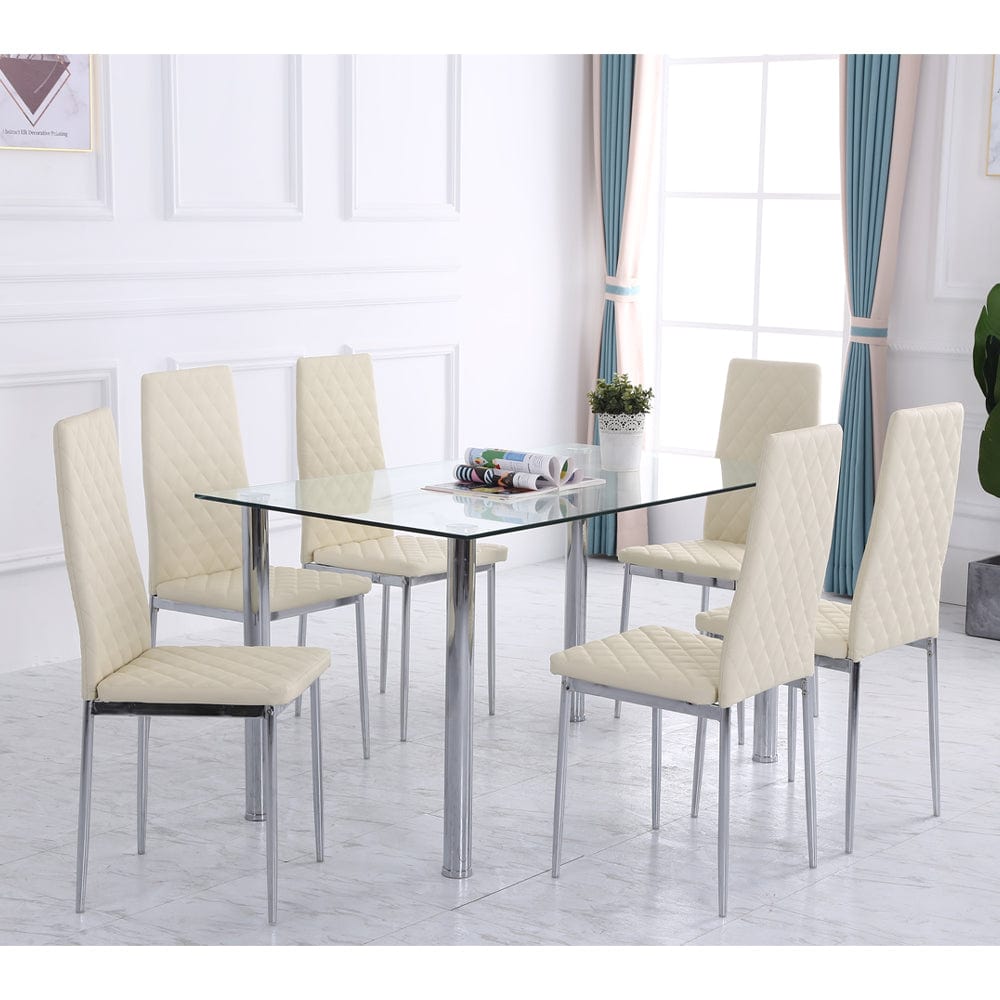 Orsa Dining Tempered Glass Table Set With 6 Chairs In Cream
