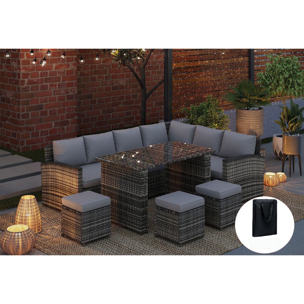 Rosen 9 Seater Rattan Garden Dining Set In Grey