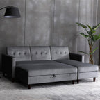 Destin Reversible Grey Velvet Corner Sofa With Storage Chaise and Ottoman Bench