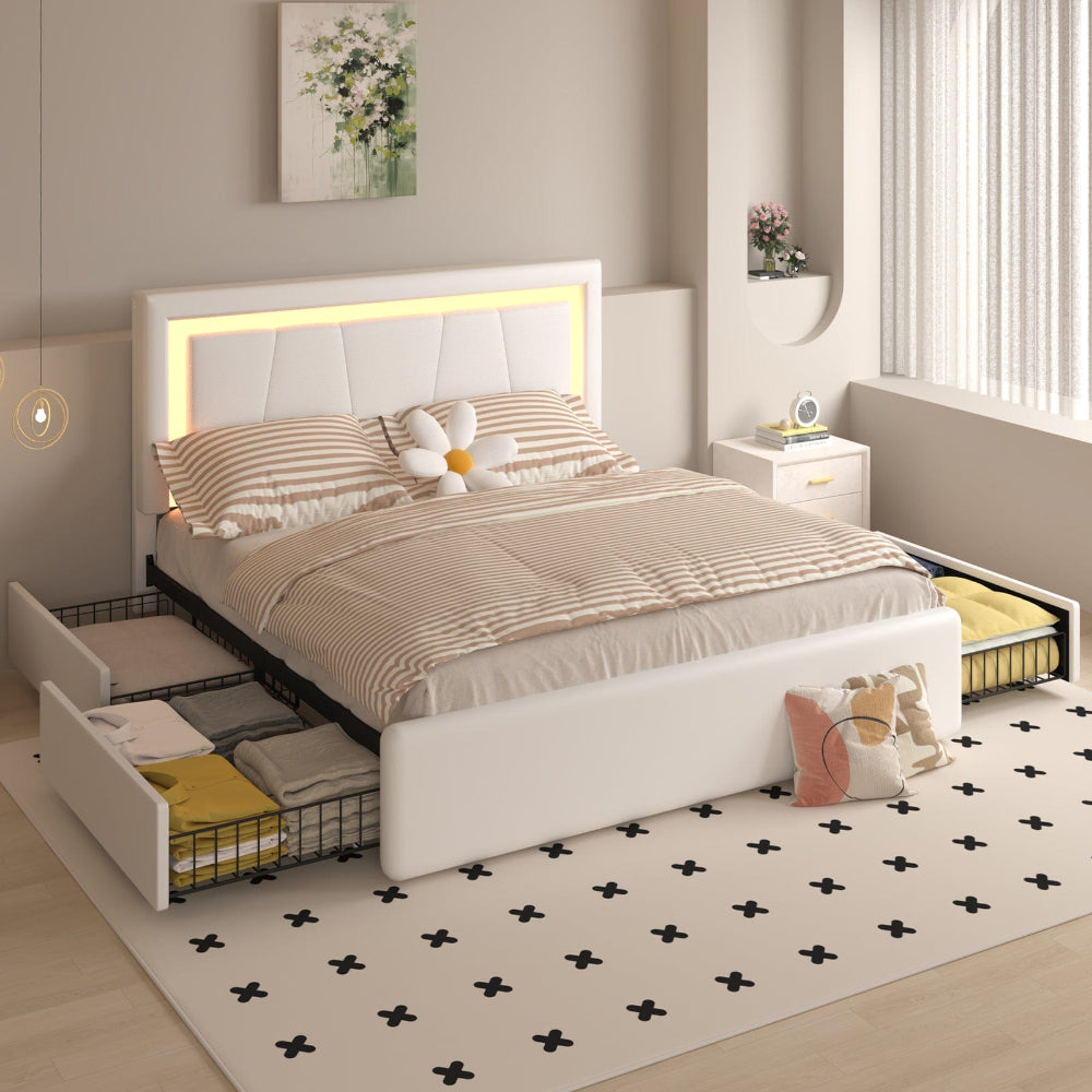 Modern White PU Bed Frame with 4 Drawers Storage and LED Light Head Board and Charging Ports