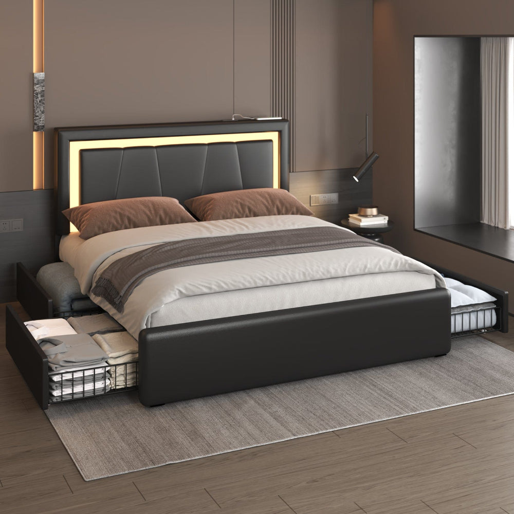 Modern White PU Bed Frame with 4 Drawers Storage and LED Light Head Board and Charging Ports