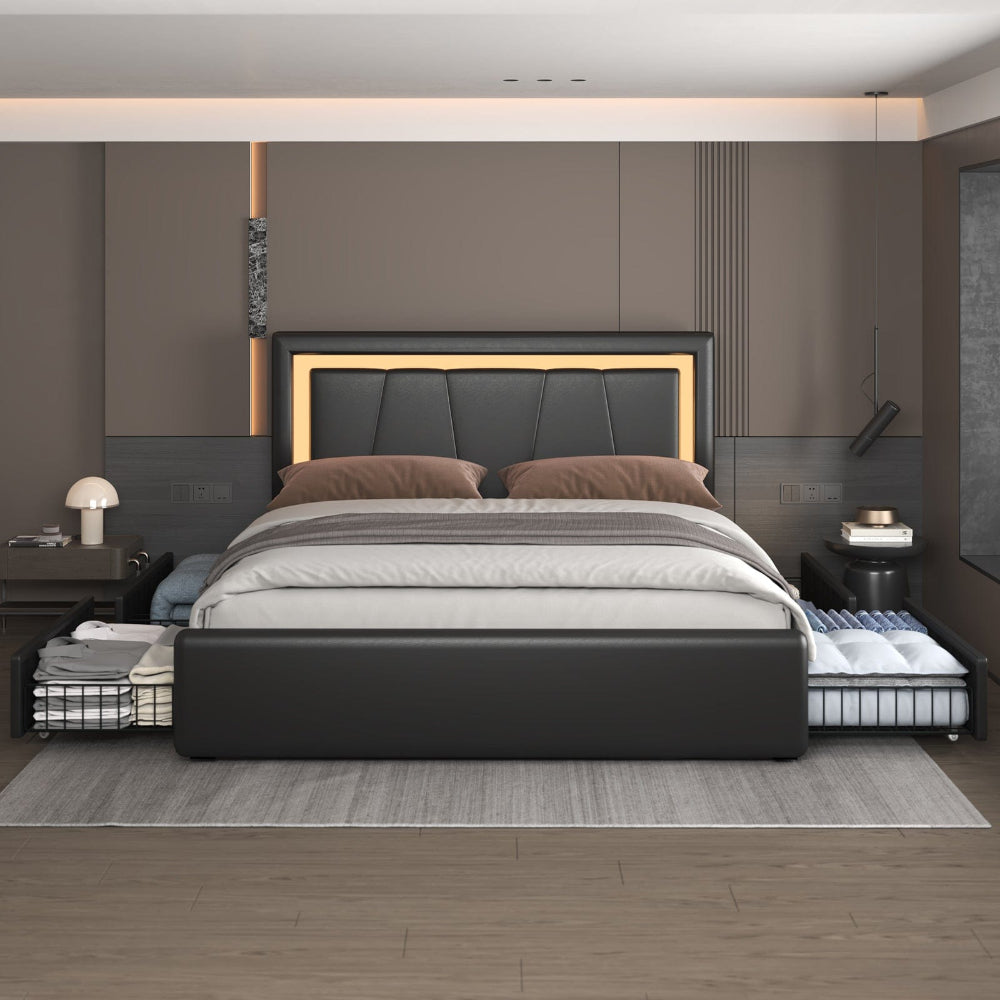 Modern White PU Bed Frame with 4 Drawers Storage and LED Light Head Board and Charging Ports