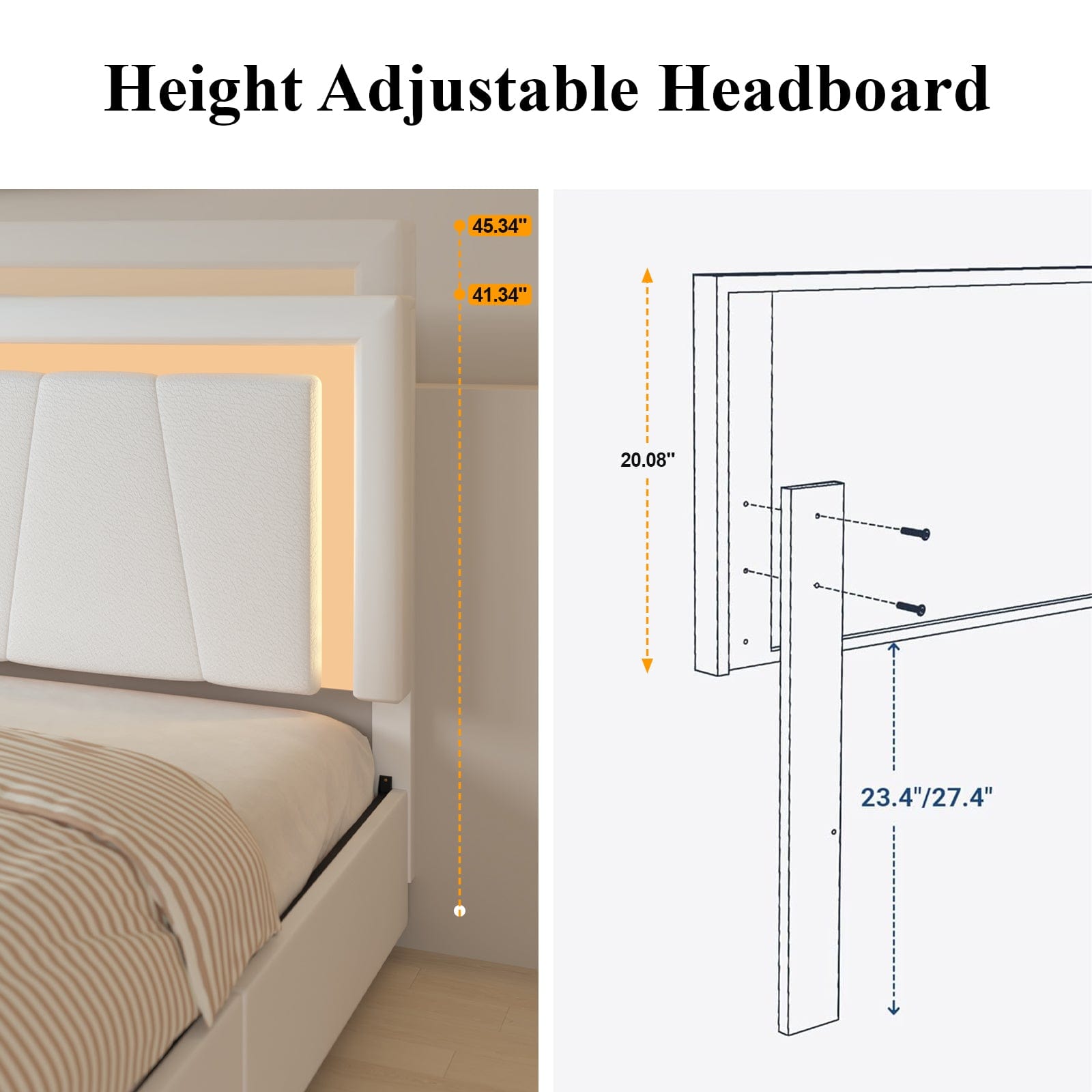 Modern White PU Bed Frame with 4 Drawers Storage and LED Light Head Board and Charging Ports