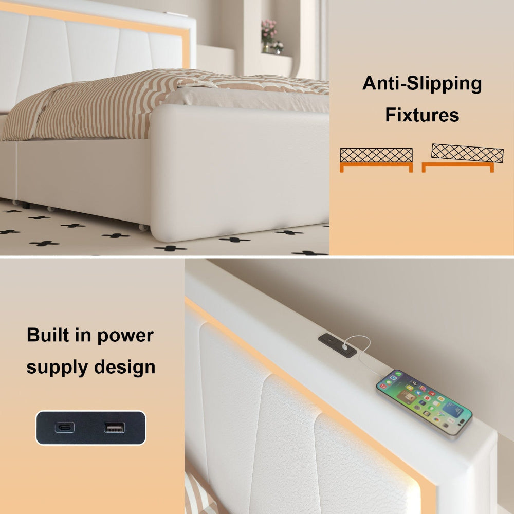 Modern White PU Bed Frame with 4 Drawers Storage and LED Light Head Board and Charging Ports