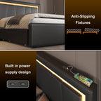 Modern White PU Bed Frame with 4 Drawers Storage and LED Light Head Board and Charging Ports
