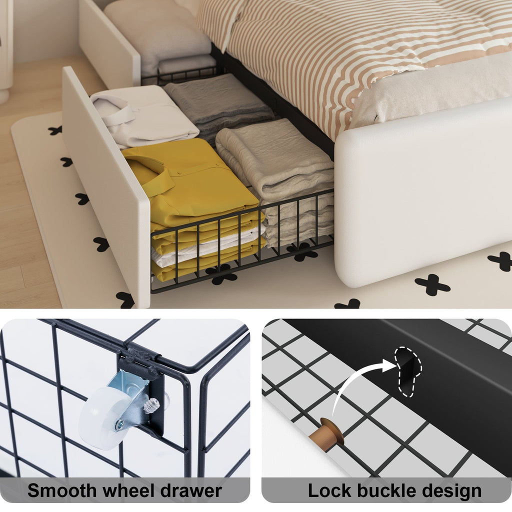 Modern White PU Bed Frame with 4 Drawers Storage and LED Light Head Board and Charging Ports