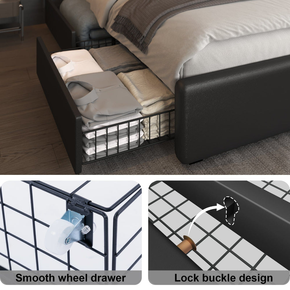 Modern White PU Bed Frame with 4 Drawers Storage and LED Light Head Board and Charging Ports