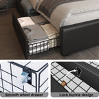 Modern White PU Bed Frame with 4 Drawers Storage and LED Light Head Board and Charging Ports