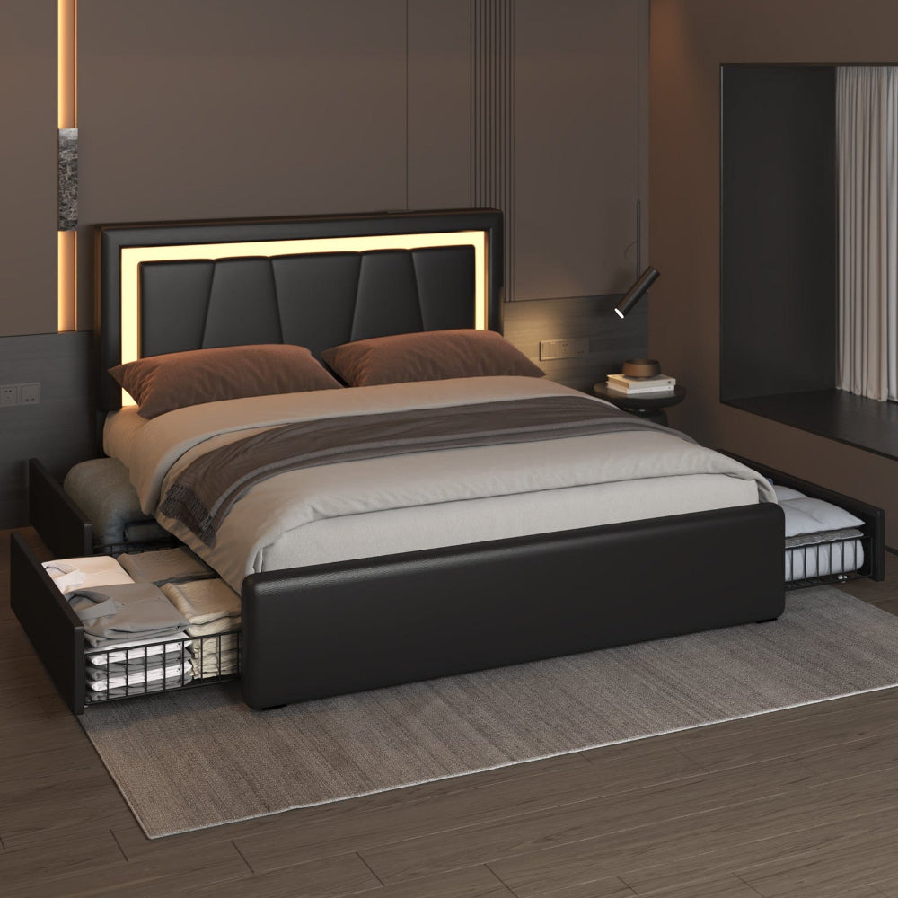 Modern White PU Bed Frame with 4 Drawers Storage and LED Light Head Board and Charging Ports