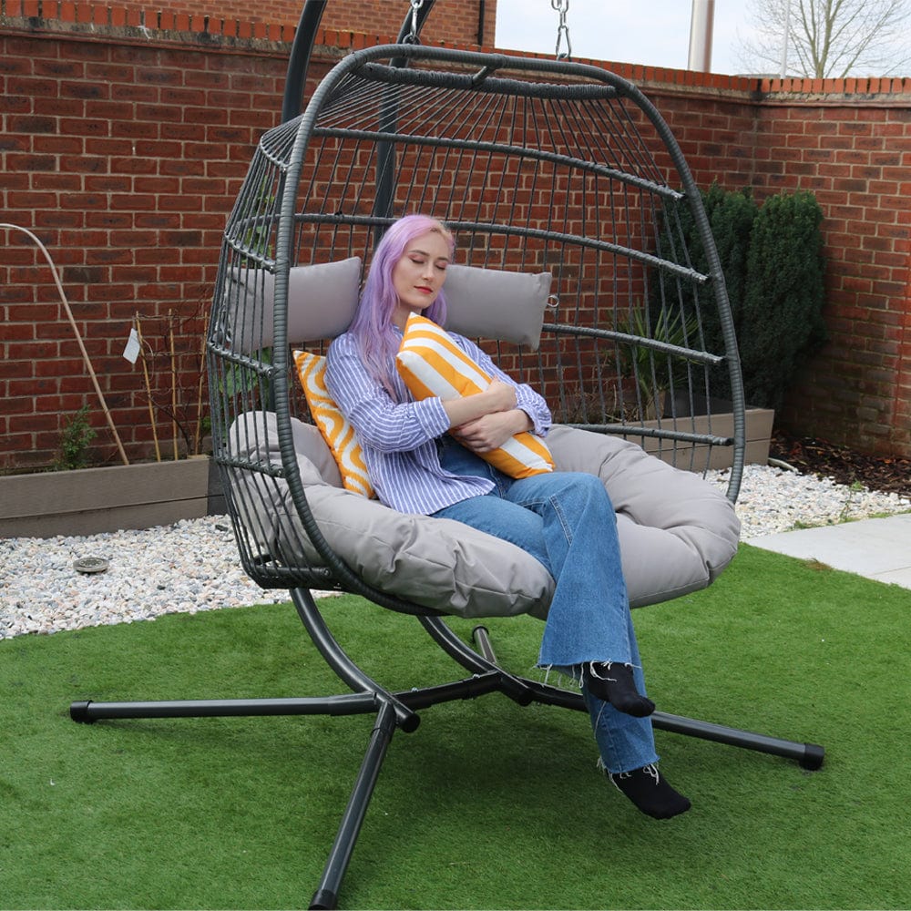 Bradway Hanging Rope Swing Double Indoor Outdoor Egg Chair with Grey Cushions