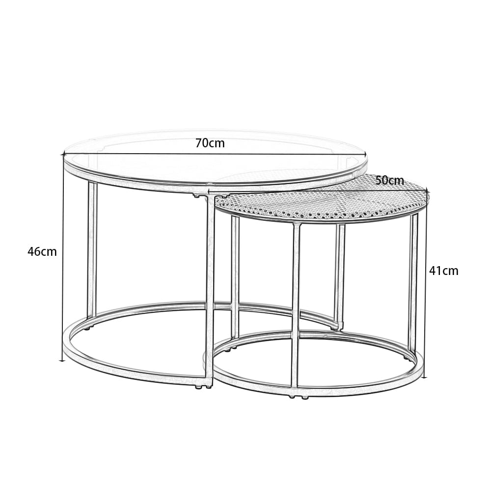 Boho Set of 2 Nesting Round End Side Coffee Tables With Glass And Rattan Top