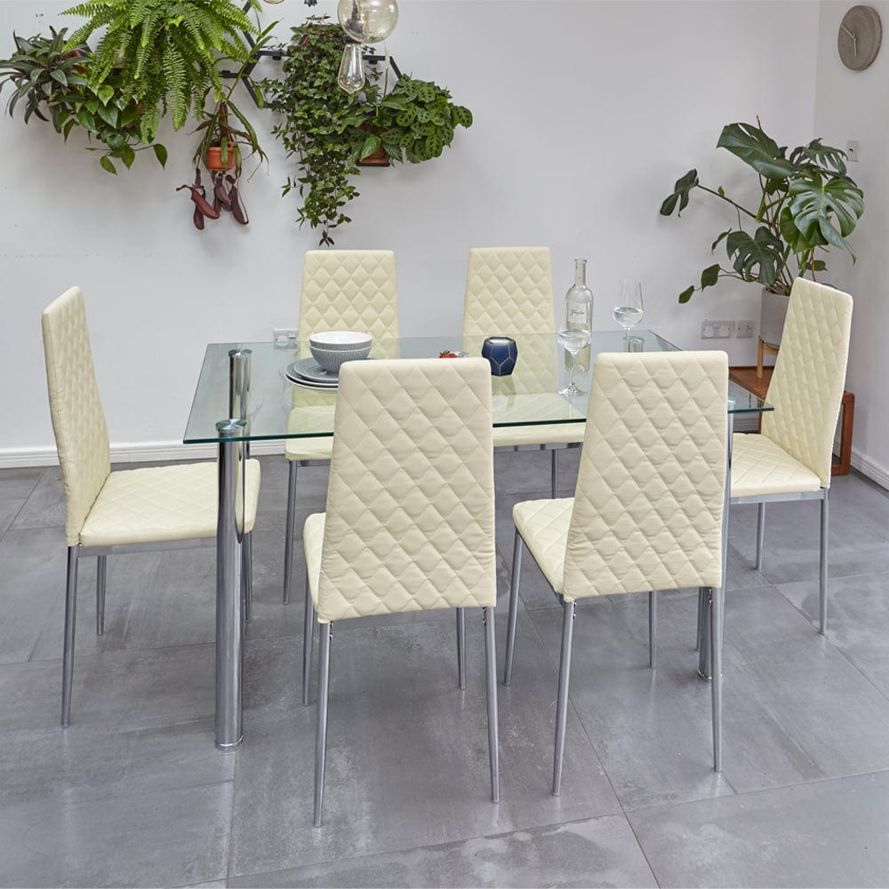 Orsa Dining Tempered Glass Table Set With 6 Chairs In Cream