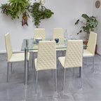 Orsa Dining Tempered Glass Table Set With 6 Chairs In Cream