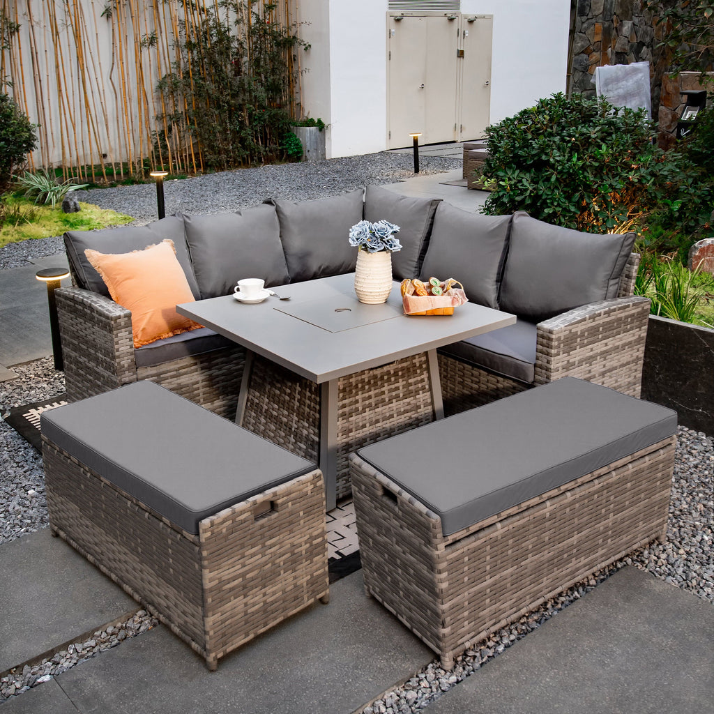 Rosen 9 Seater Fire Pit Rattan Garden Furniture Corner Sofa Cube Set With 2 Benches In Grey