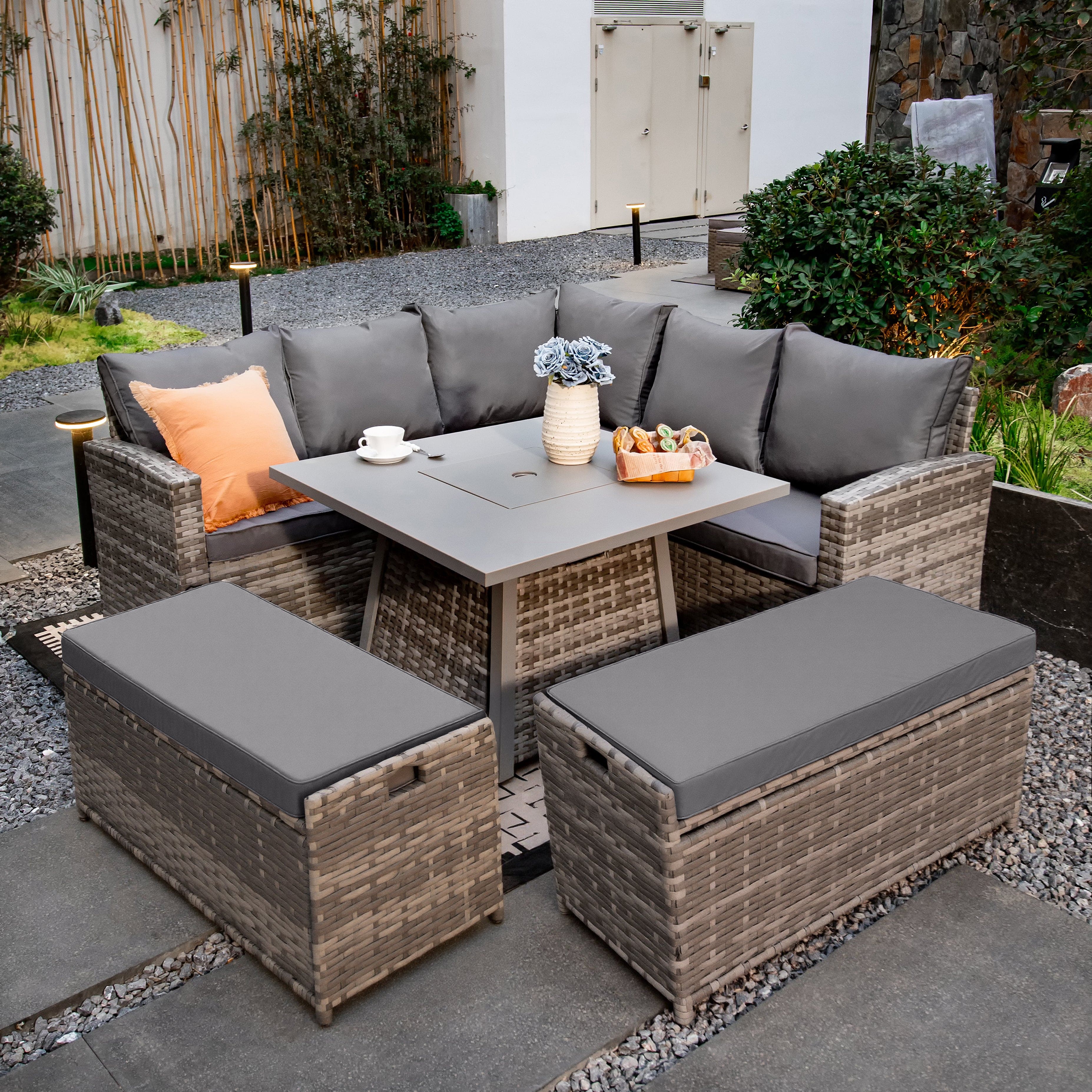 Rosen 9 Seater Fire Pit Rattan Garden Furniture Corner Sofa Cube Set With 2 Benches In Grey
