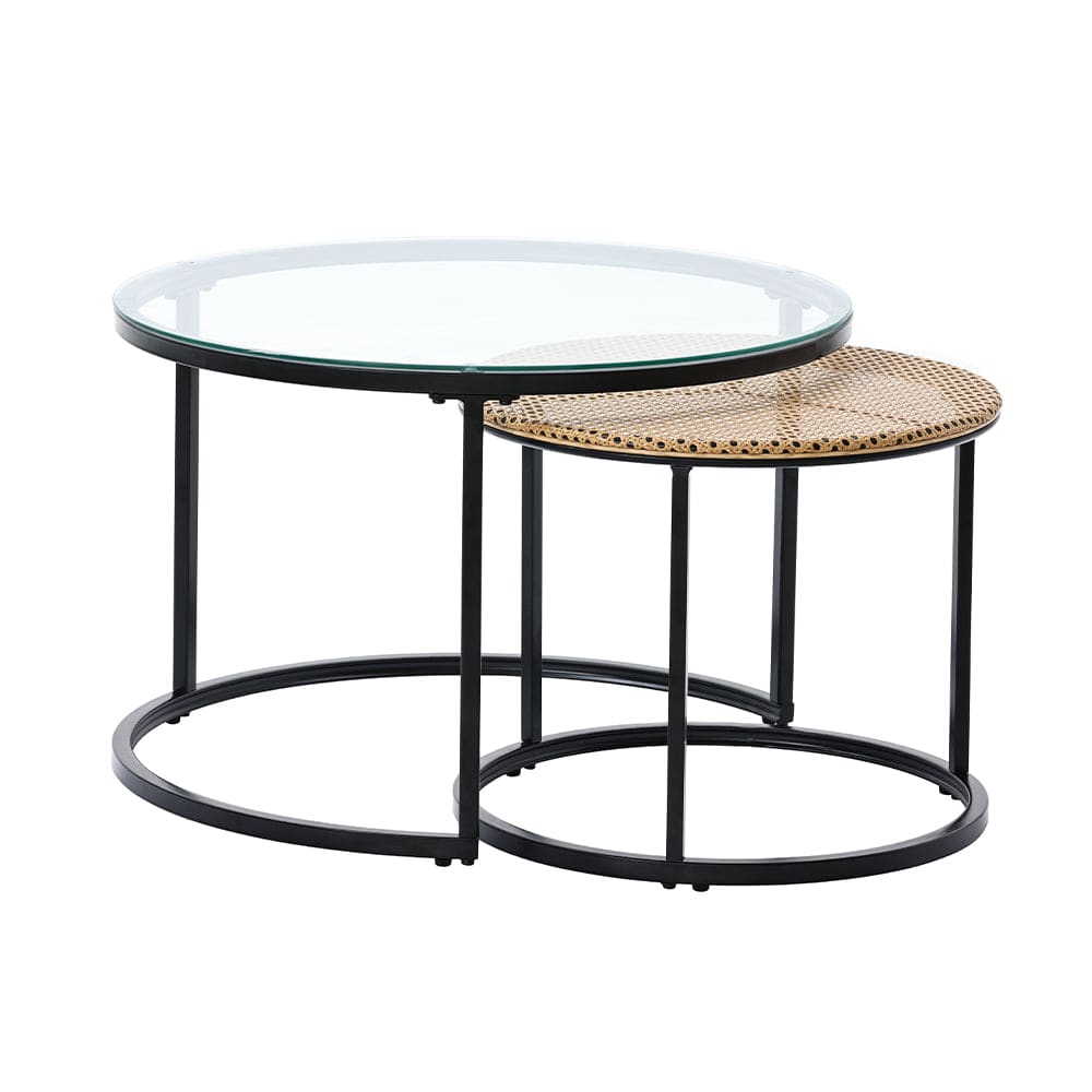 Boho Set of 2 Nesting Round End Side Coffee Tables With Glass And Rattan Top