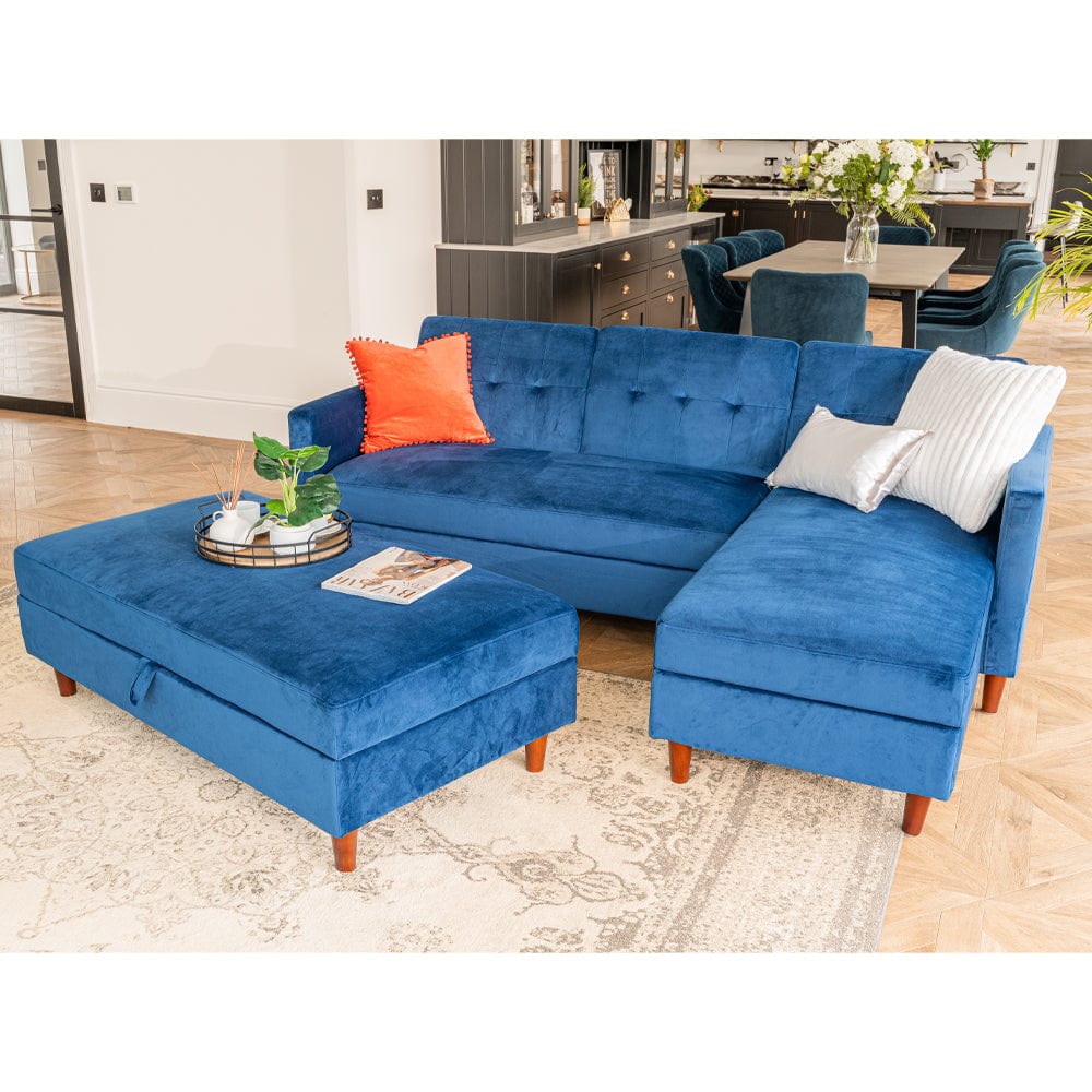 Destin Reversible Blue Corner Sofa With Storage Chaise and Ottoman Bench