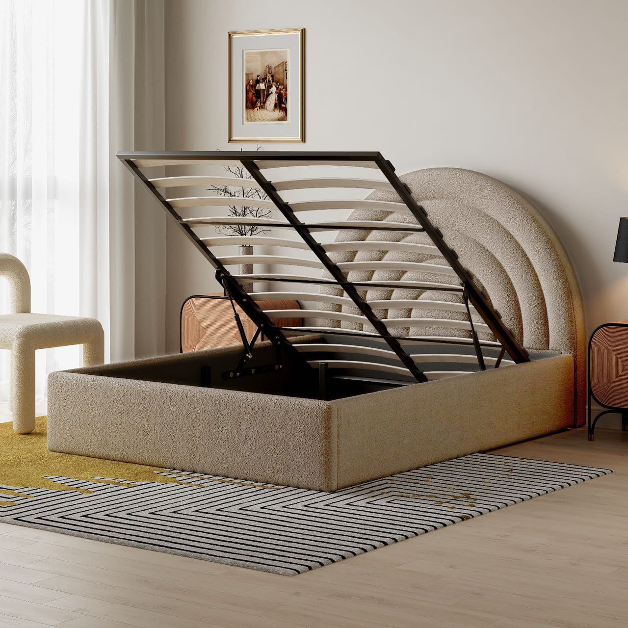 Crescent Ottoman Upholstered Lift Up Storage Bed Frame