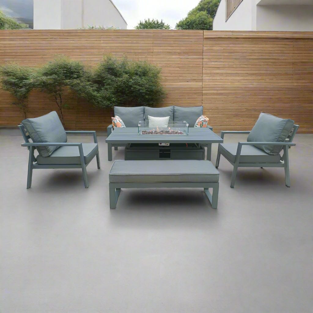 Berlin Outdoor Garden Aluminium 8 Seater Sofa Fire Pit Rising Table Set