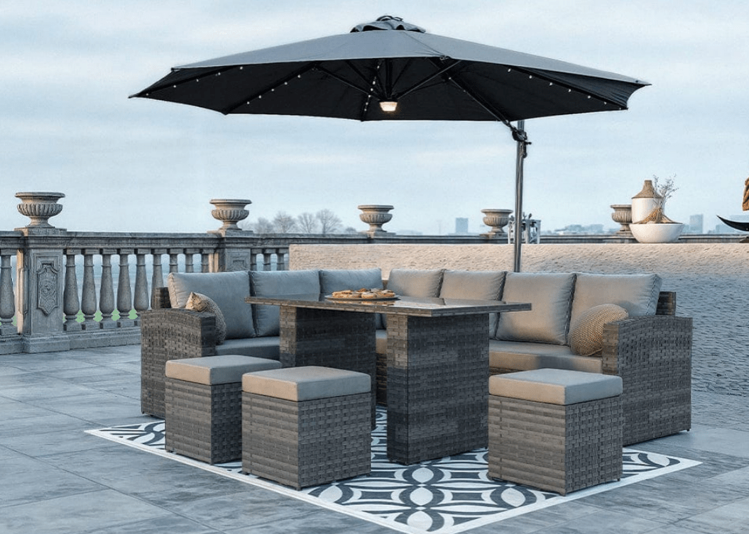 Rosen 9 Seater Rattan Garden Dining Set In Grey