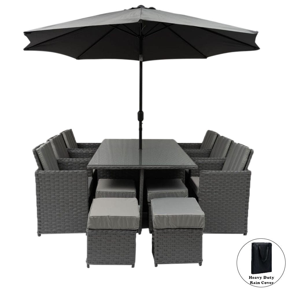 Rosen 10 Seater Rattan Cube Garden Dining Set With Parasol In Grey