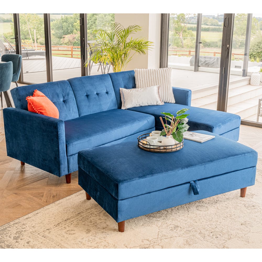 Destin Reversible Blue Corner Sofa With Storage Chaise and Ottoman Bench