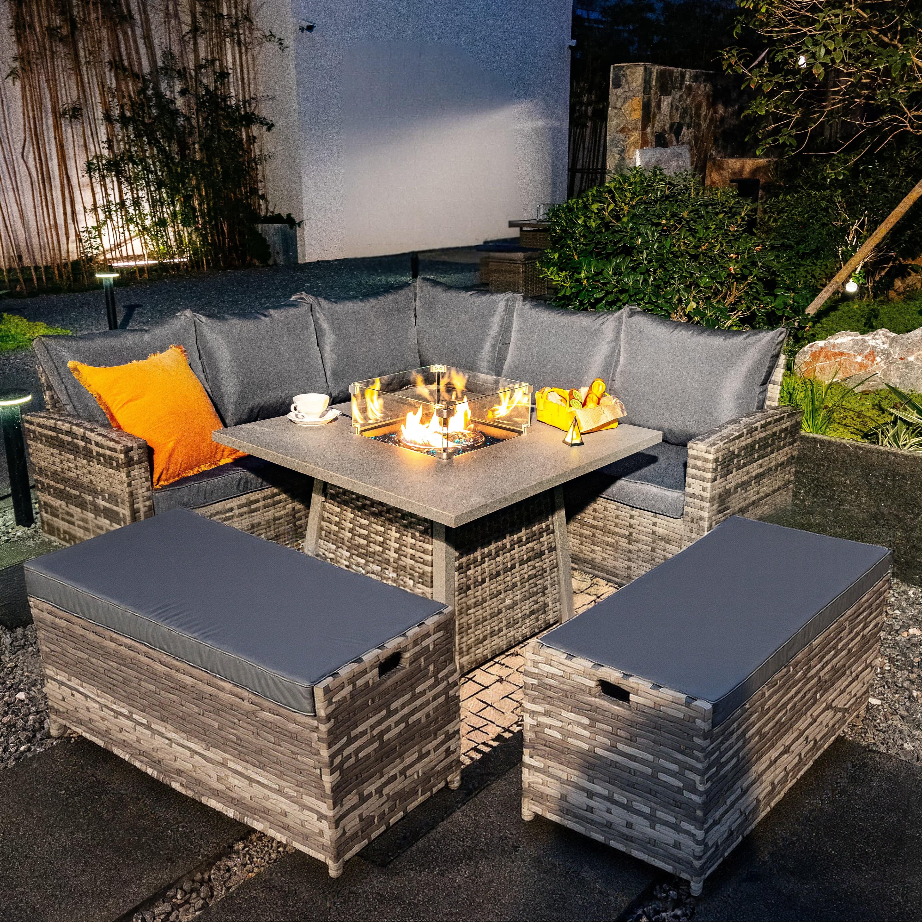 Rosen 9 Seater Fire Pit Rattan Garden Furniture Corner Sofa Cube Set With 2 Benches In Grey