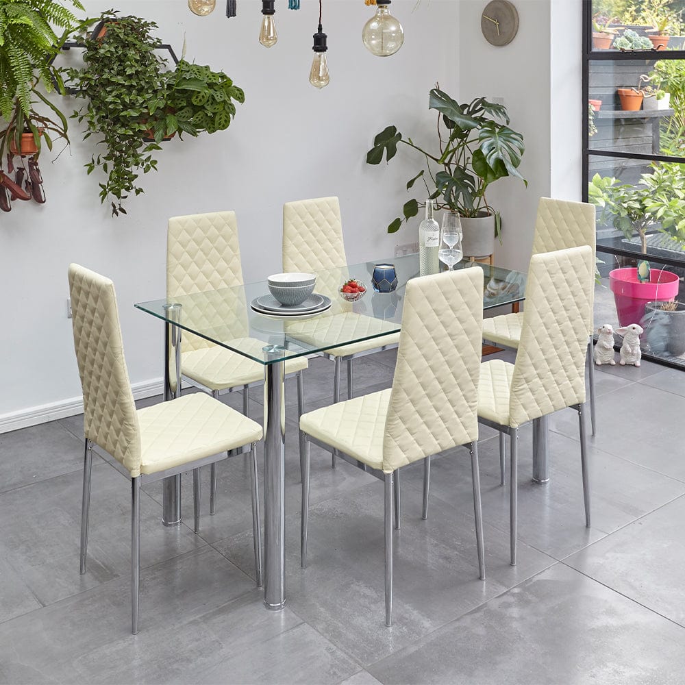 Orsa Dining Tempered Glass Table Set With 6 Chairs In Cream