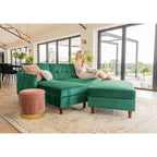 Destin Reversible Green Velvet Corner Sofa With Storage Chaise and Ottoman Bench