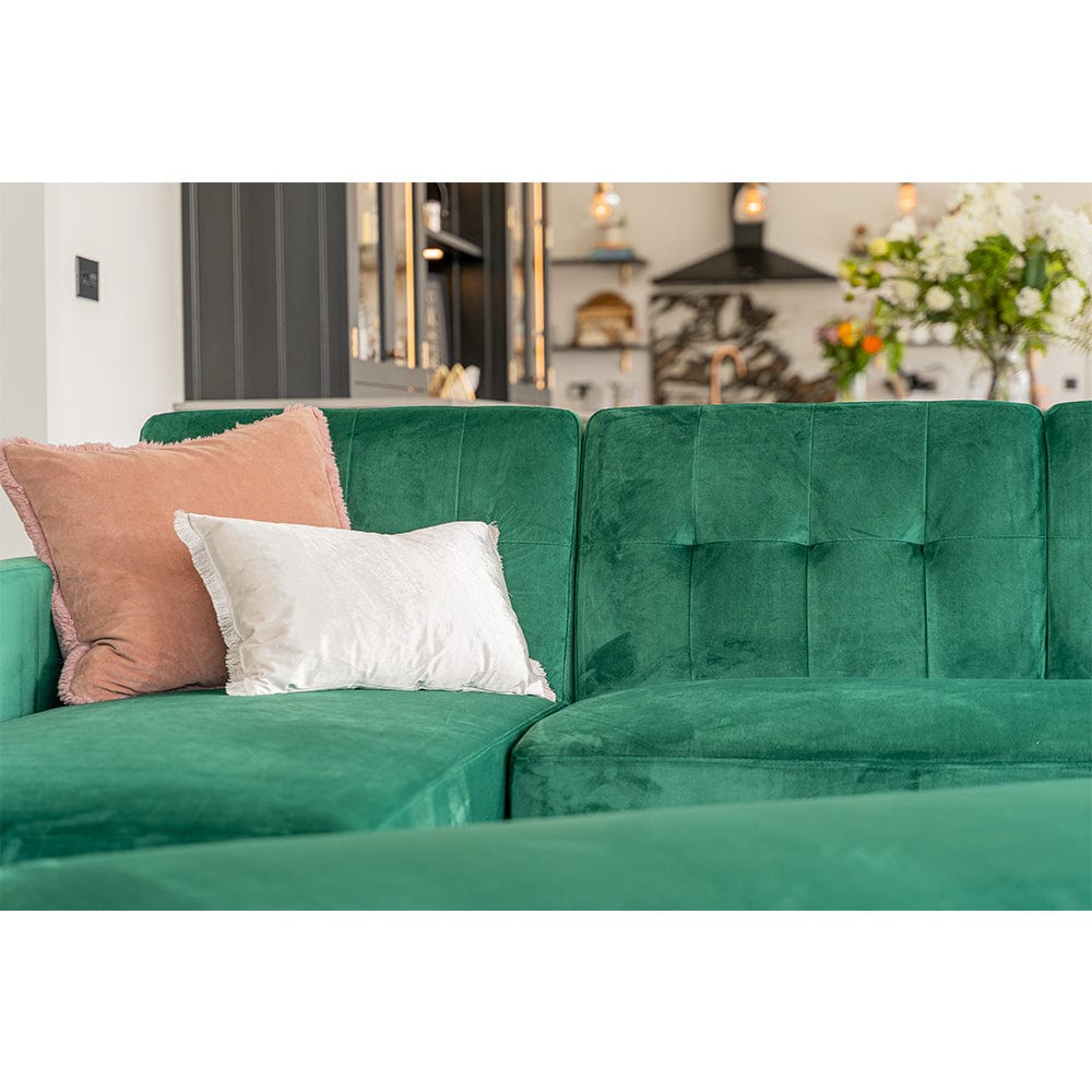 Destin Reversible Green Velvet Corner Sofa With Storage Chaise and Ottoman Bench