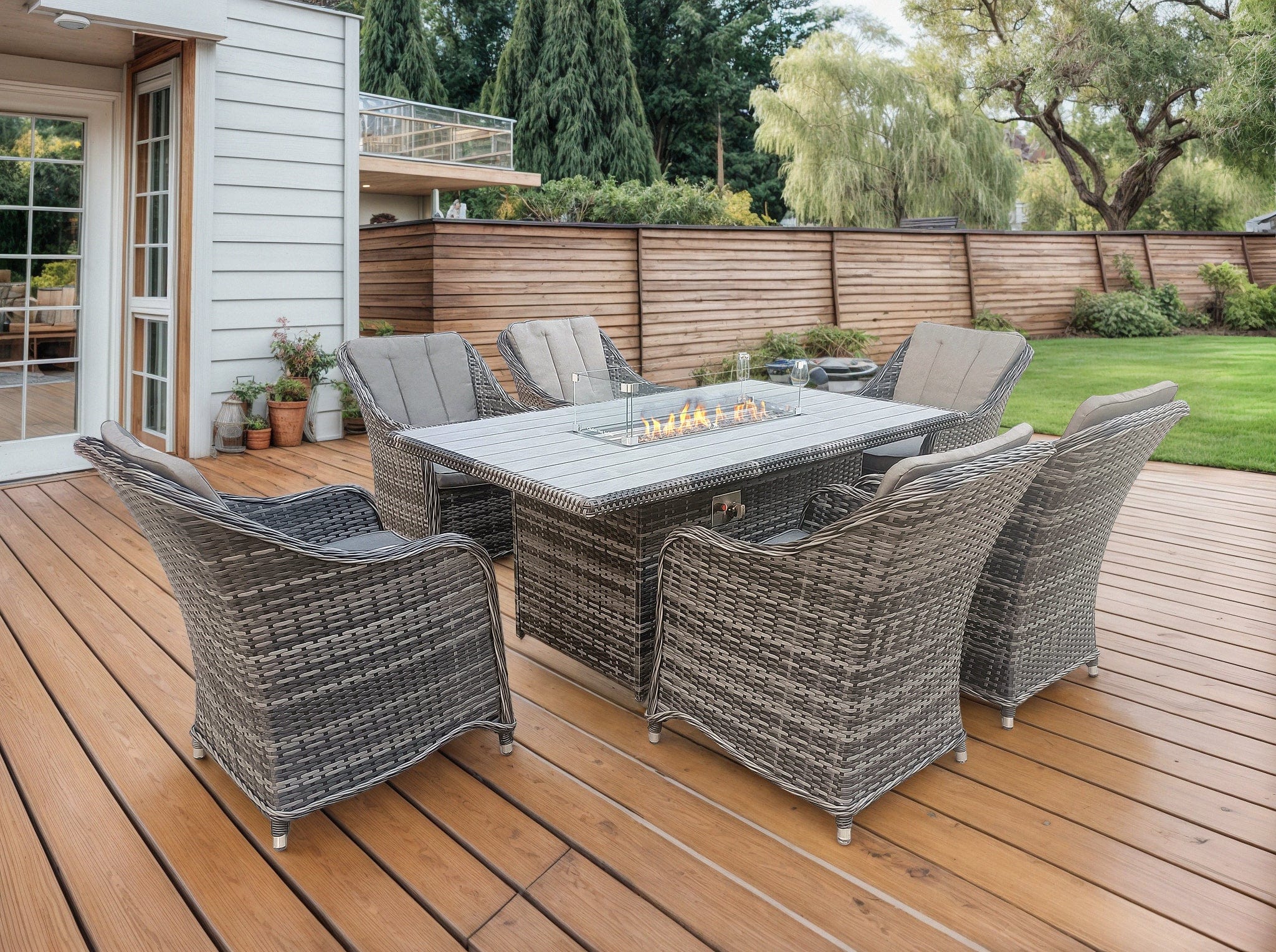 Aura 6 Seater Rattan Garden Furniture With Round/Rectangle Table Fire Pit Set In Grey