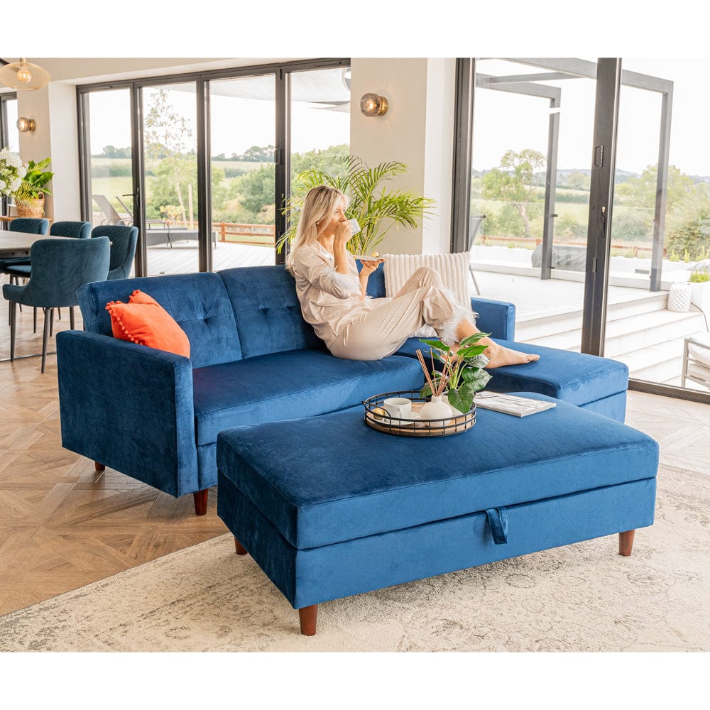 Destin Reversible Blue Corner Sofa With Storage Chaise and Ottoman Bench