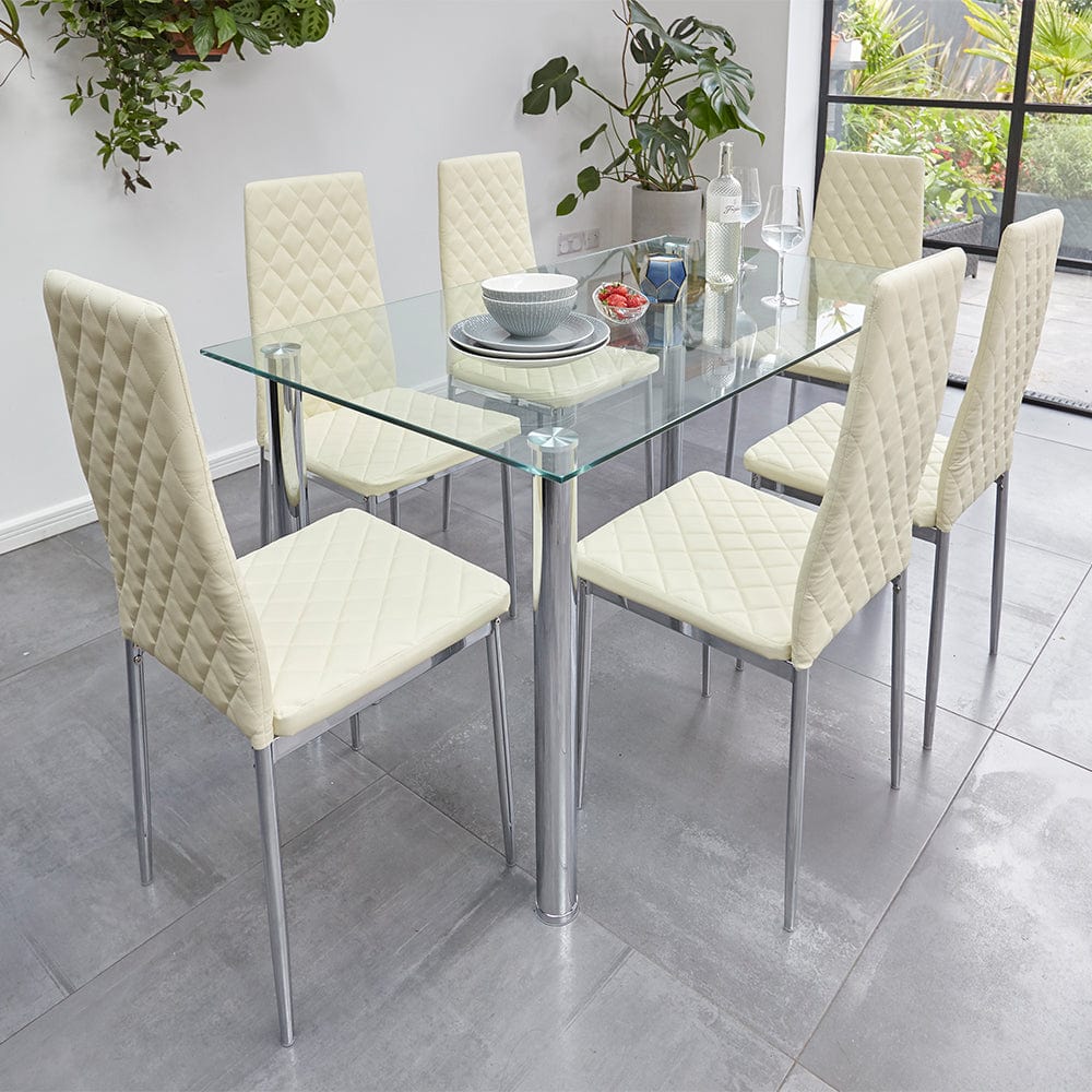 Orsa Dining Tempered Glass Table Set With 6 Chairs In Cream