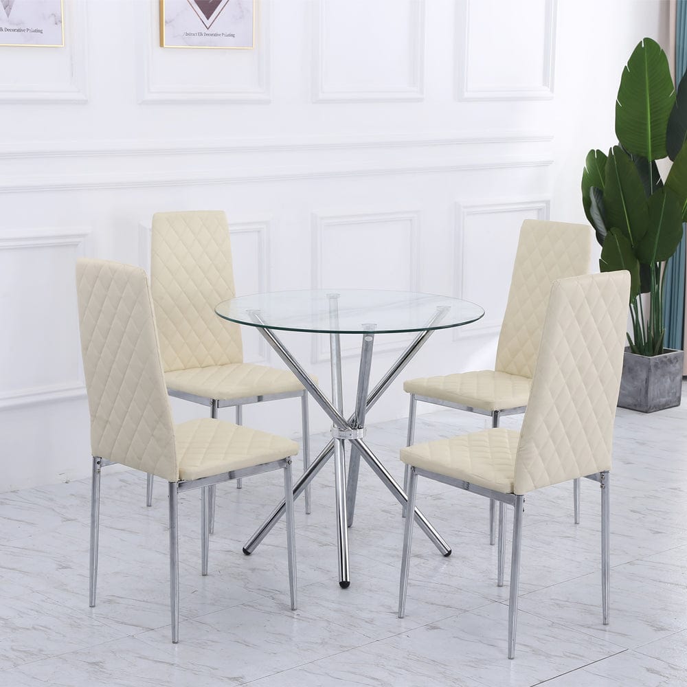 Orsa Round Dining Table Set With 4 Dining Chairs In Cream