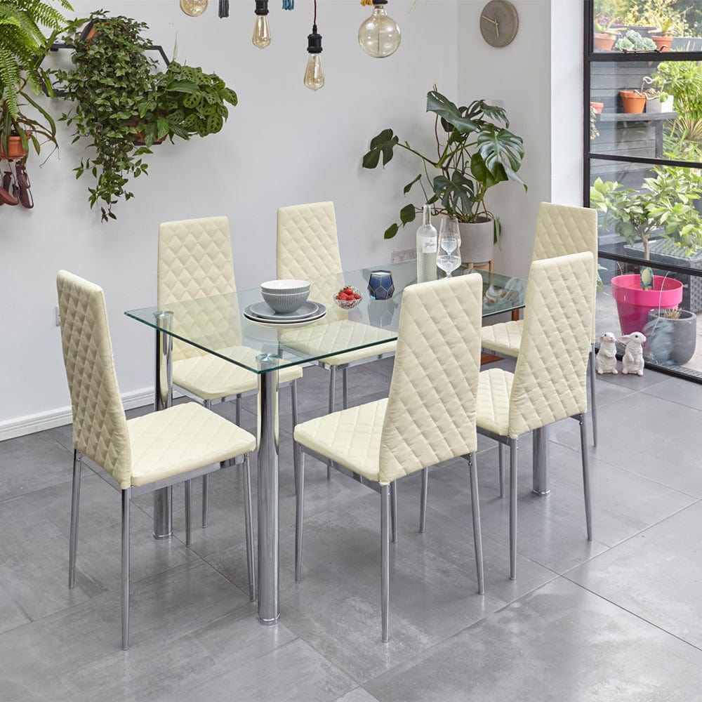 Orsa Dining Tempered Glass Table Set With 6 Chairs In Cream