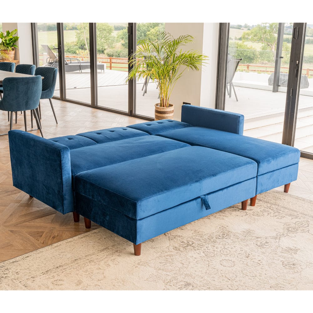 Destin Reversible Blue Corner Sofa With Storage Chaise and Ottoman Bench