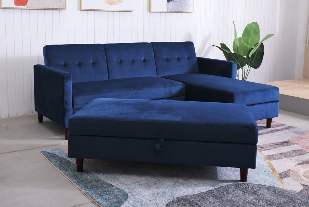 Destin Reversible Blue Corner Sofa With Storage Chaise and Ottoman Bench