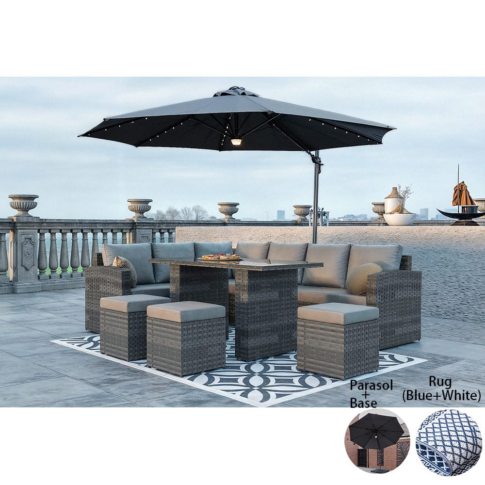 Rosen 9 Seater Rattan Garden Dining Set In Grey