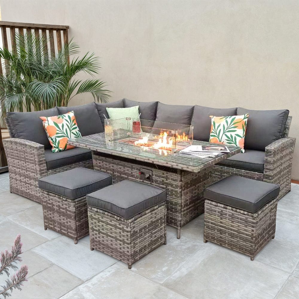 Rosen 9 Seater Fire Pit Rattan Garden Furniture Corner Dining Sofa Set In Grey
