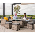 Rosen 9 Seater Fire Pit Rattan Garden Furniture Corner Dining Sofa Set In Grey