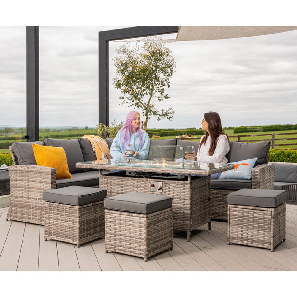 Rosen 9 Seater Fire Pit Rattan Garden Furniture Corner Dining Sofa Set In Grey