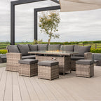 Rosen 9 Seater Fire Pit Rattan Garden Furniture Corner Dining Sofa Set In Grey