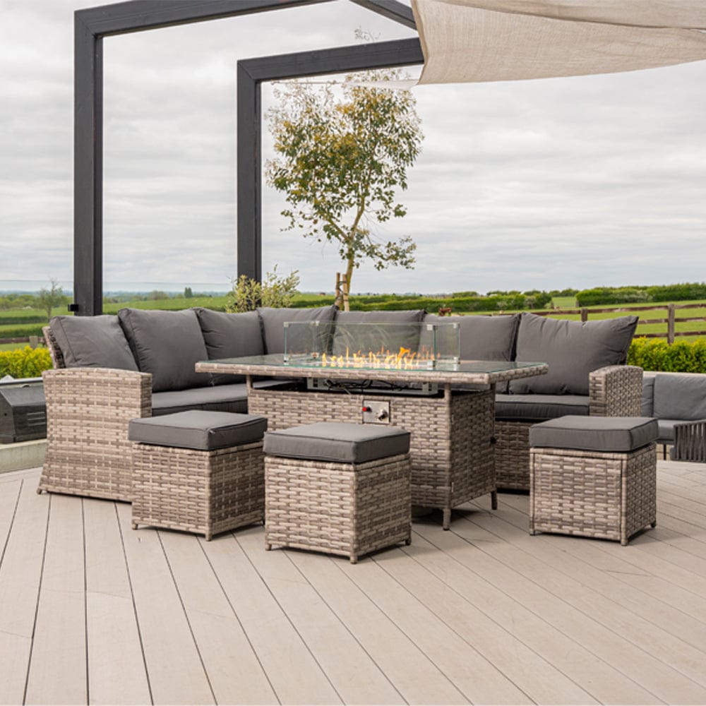 Rosen 9 Seater Fire Pit Rattan Garden Furniture Corner Dining Sofa Set In Grey