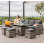 Rosen 9 Seater Fire Pit Rattan Garden Furniture Corner Dining Sofa Set In Grey
