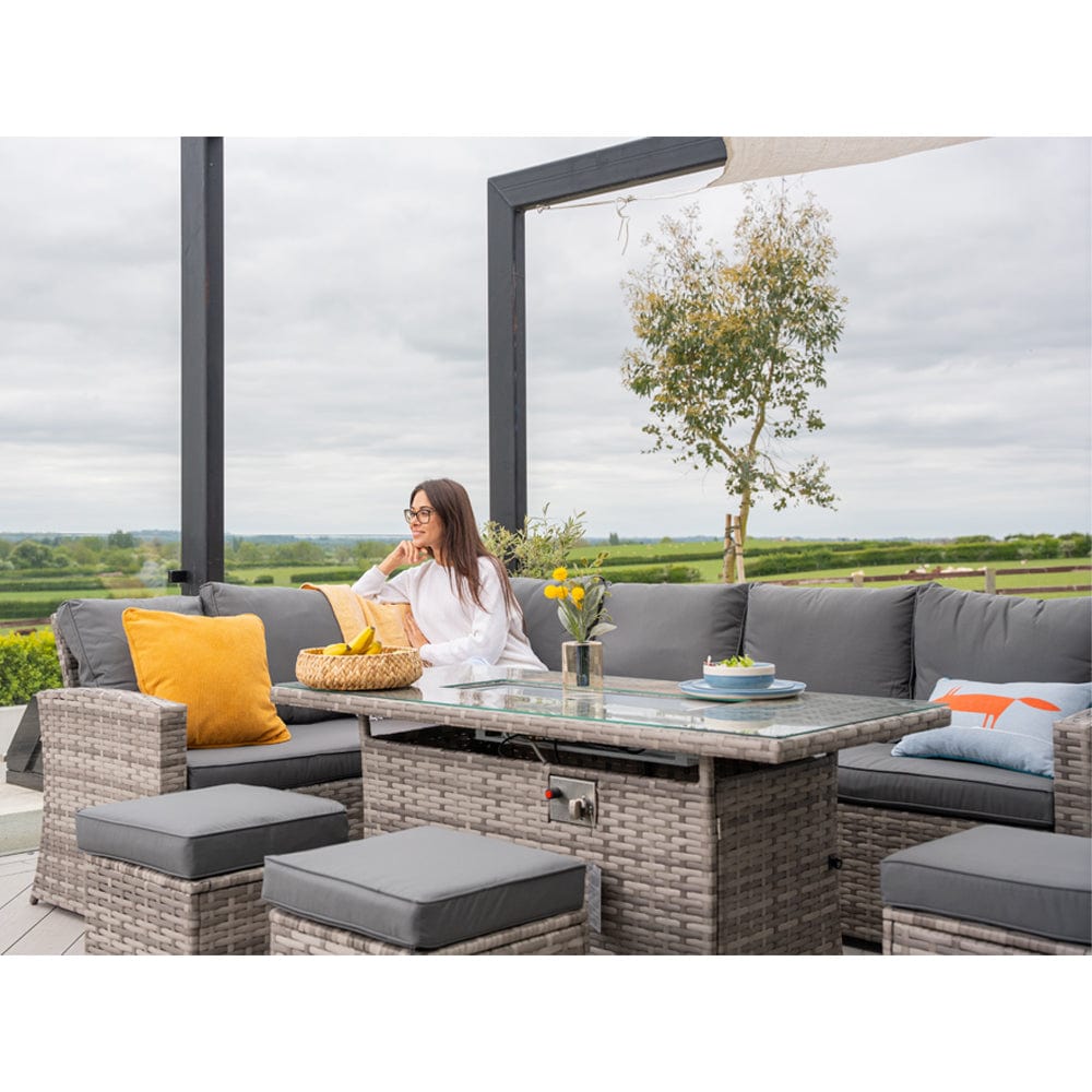 Rosen 9 Seater Fire Pit Rattan Garden Furniture Corner Dining Sofa Set In Grey