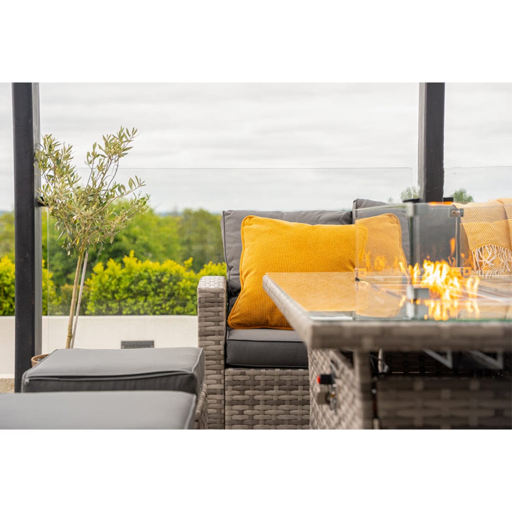 Rosen 9 Seater Fire Pit Rattan Garden Furniture Corner Dining Sofa Set In Grey